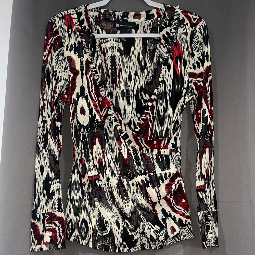 INC International Concepts Red Black White Abstract Bold Wrap Blouse Bold- Large